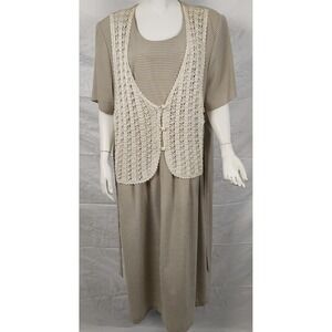 Vintage dress 20W pearl faux vest shoulder pads gingham beige mom costume 90's